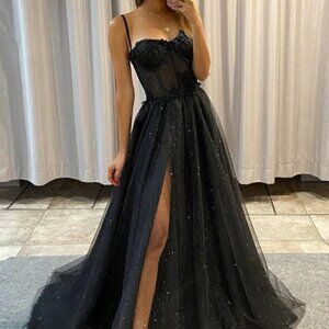 Black Glitter Tulle Prom Dresses A Line with Slit